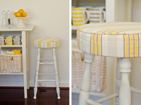 Yellow and white upholstered kitchen bar stools